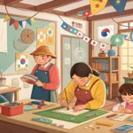 Illustration depicting diverse individuals collaborating cheerfully in a sunlit Korean workshop, rep...