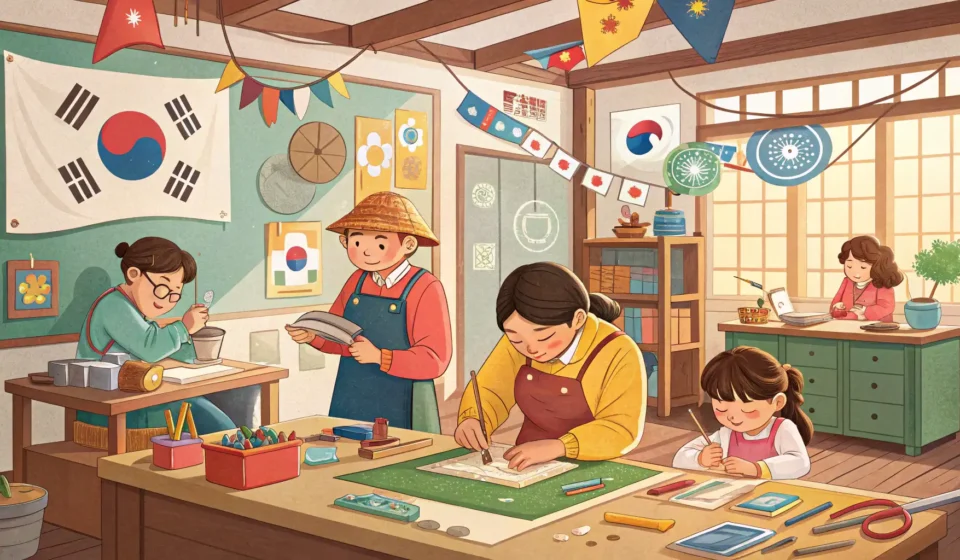 Illustration depicting diverse individuals collaborating cheerfully in a sunlit Korean workshop, rep...