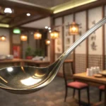 Close-up of a clean, shiny Korean metal spoon being presented politely in a Korean restaurant settin...