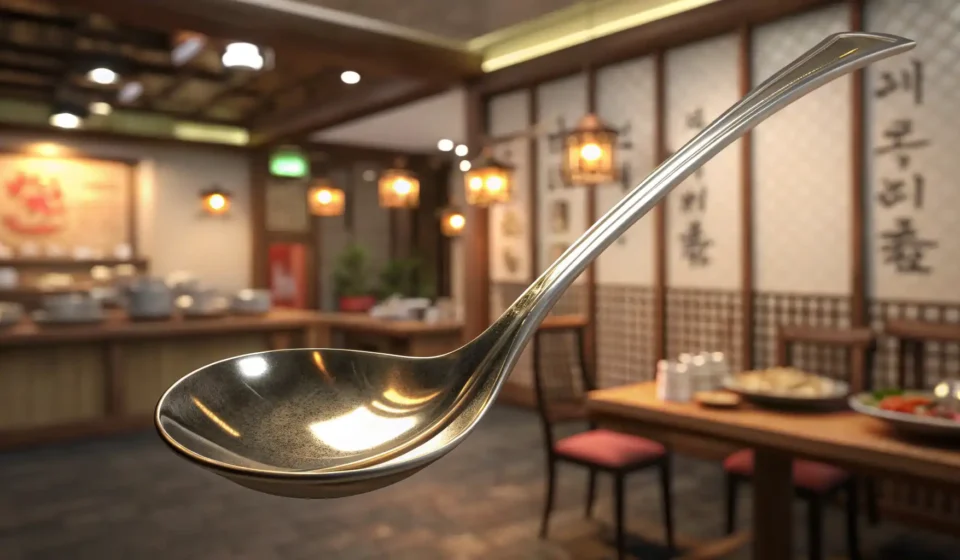 Close-up of a clean, shiny Korean metal spoon being presented politely in a Korean restaurant settin...