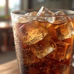 A close-up image of a very cold glass of iced tea overflowing with ice, set in a modern Korean cafe...