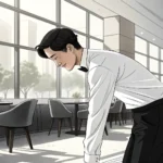 Illustration of a Korean waiter politely interacting in a restaurant, representing Korean service ph...
