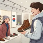 Illustration depicting a shopper asking a store clerk about winter boots potentially on sale inside...