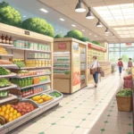 Aisle in a modern Korean supermarket neatly stocked high with household paper goods like tissues, re...