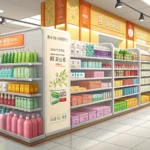 A bright Korean supermarket aisle displaying abundant, neatly arranged toiletries on shelves, repres...