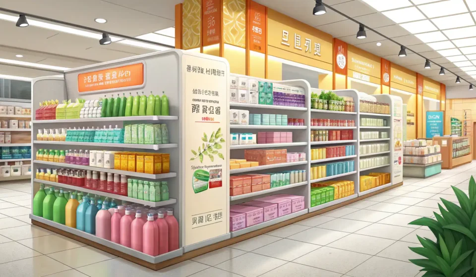 A bright Korean supermarket aisle displaying abundant, neatly arranged toiletries on shelves, repres...