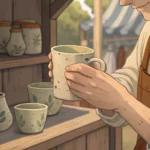 Hands closely inspecting a ceramic mug with a minor flaw at a Korean market stall, representing aski...
