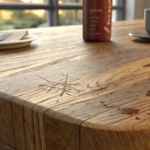 A close-up image showing a scratch on a wooden table surface next to several Korean Won coins, symbo...