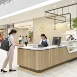 Customer service counter in a modern Korean shopping mall, symbolizing help with exchanges or refund...