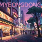 Vibrant Korean shopping street at dusk with glowing neon signs and bustling shops, illustrating the...
