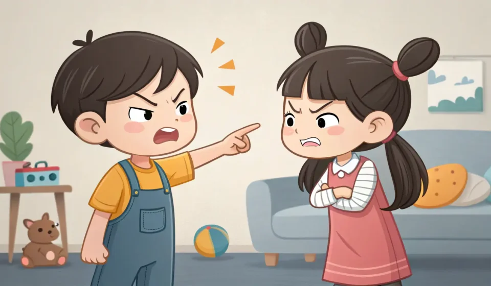 Illustration of two young Korean siblings arguing over choosing a board game for family game night.