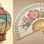 Two traditional Korean crafts, a hanji lantern and a norigae tassel, facing off on a table, symboliz...