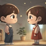 Cartoon illustration of a Korean boy and girl sibling looking annoyed at each other, with a large qu...