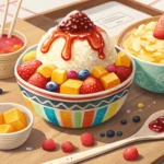 Two popular Korean desserts, patbingsu and tteok, displayed side-by-side, symbolizing the choice sib...