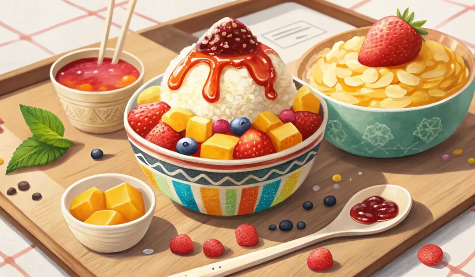 Two popular Korean desserts, patbingsu and tteok, displayed side-by-side, symbolizing the choice sib...