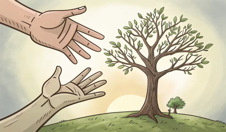 Illustration of two cartoon hands reaching competitively for the last traditional Korean Yakgwa cook...