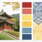 Two different colorful Korean traditional patterns meeting sharply in the center, symbolizing confli...