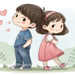 Two cartoon Korean siblings arguing playfully in a kitchen surrounded by baking ingredients, symboli...