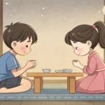 Illustration depicting two Korean siblings arguing playfully over a pile of board games, representin...