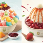 Illustration showing two appealing Korean desserts, bingsu and tteok, side-by-side, symbolizing a si...