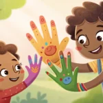 Illustration of two children's hands reaching for the same bowl of Korean Patbingsu dessert, represe...