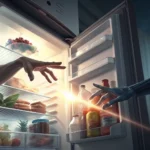 Illustration of two hands reaching for the last soda can inside an open refrigerator, symbolizing a...