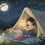 Two young Korean siblings playfully arguing over a single flashlight inside a tent at night, illustr...