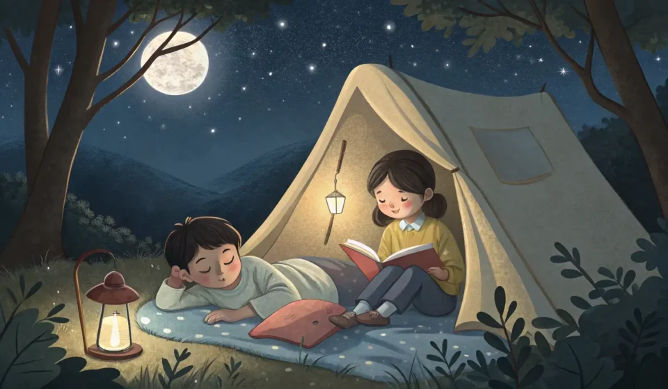 Two young Korean siblings playfully arguing over a single flashlight inside a tent at night, illustr...