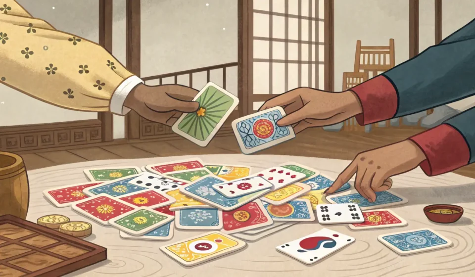 Two pairs of hands reaching for Korean Hwatu playing cards on a wooden surface, symbolizing siblings...
