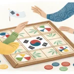 Illustration of two hands reaching for a traditional Korean Yut Nori board game, symbolizing sibling...