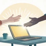 Illustration of two hands reaching for one laptop, symbolizing siblings negotiating computer use, re...
