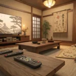 Two remote controls pointing away from each other on a table in a Korean living room, representing a...