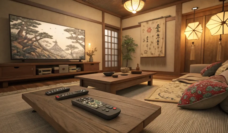Two remote controls pointing away from each other on a table in a Korean living room, representing a...