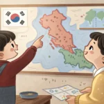 Two Korean siblings discussing a map of Korea to choose a family camping destination, illustrating n...