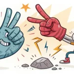 Illustration of two hands playing rock-paper-scissors (Gawi-Bawi-Bo) to decide who gets the glowing...