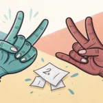 Illustration of two hands playing rock-paper-scissors over a tablet, symbolizing negotiation and dec...