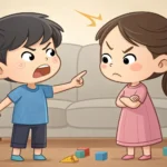 Two young Korean siblings arguing over which food to bring in a picnic basket, illustrating a common...