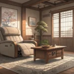 A cozy Korean living room featuring a prominent recliner chair, with two pairs of slippers placed ne...