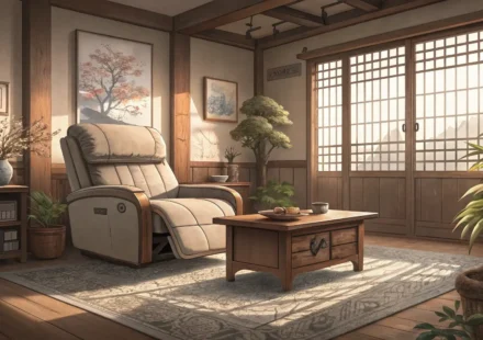 A cozy Korean living room featuring a prominent recliner chair, with two pairs of slippers placed ne...