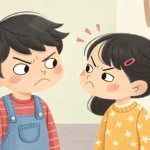 Illustration showing two young Korean siblings playfully disagreeing over a selection of popular Kor...