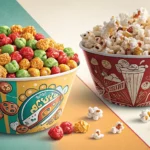 Split image showing popcorn versus popular Korean snacks (gwaja), symbolizing a sibling argument ove...