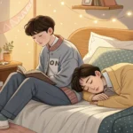 Illustration of two Korean siblings in a bedroom; one covers their ears playfully while looking anno...