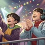 Illustration of two Korean siblings at a concert; one claps very loudly while the other looks playfu...