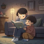 Illustration of two Korean siblings on a couch; one looks embarrassed while the other teases playful...