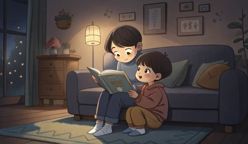 Illustration of two Korean siblings on a couch; one looks embarrassed while the other teases playful...