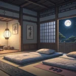 Stylized illustration of a Korean bedroom at night where one sibling covers their ears in annoyance...