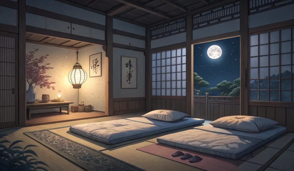 Stylized illustration of a Korean bedroom at night where one sibling covers their ears in annoyance...