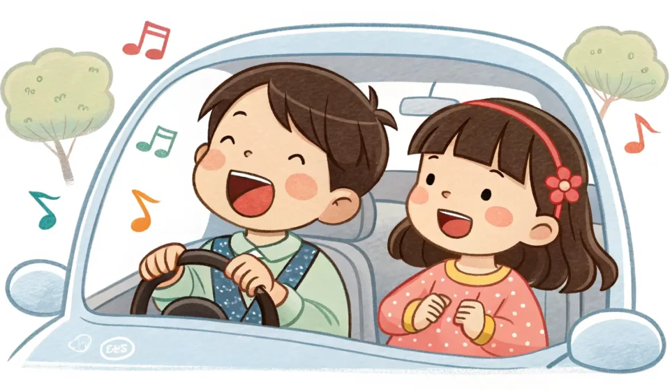 Illustration of two Korean siblings in a car; one sings loudly and enthusiastically while the other...