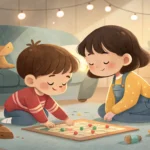 Illustration of two Korean siblings playing a board game; one covers their ears playfully, reacting...