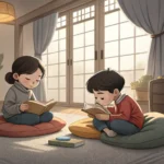 Illustration of two young Korean siblings watching TV; one yawns widely while the other looks on wit...